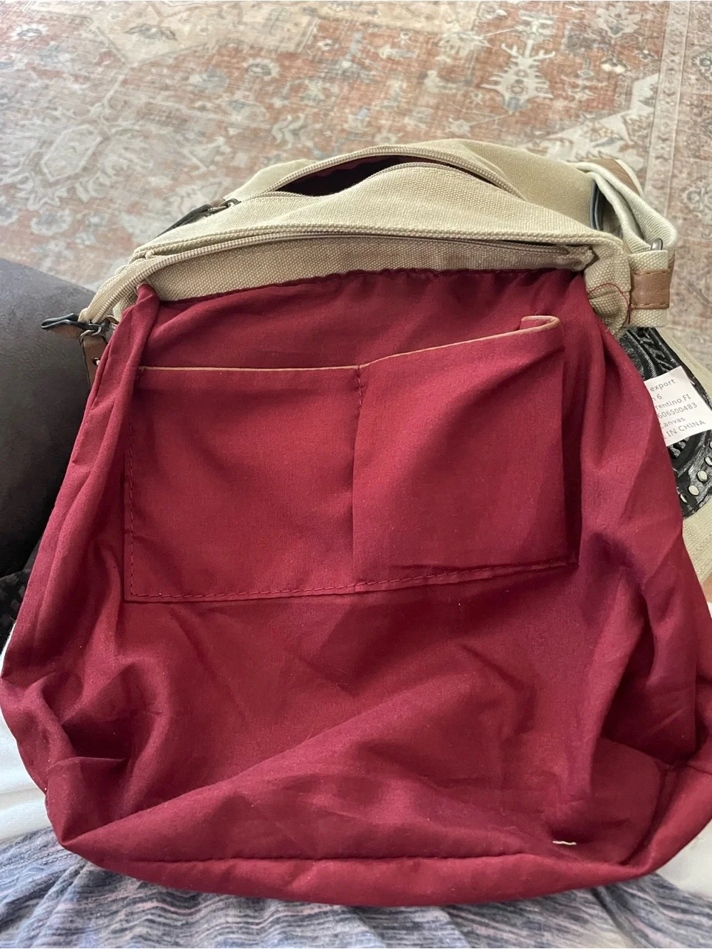 Beige Canvas Crossbody Messenger Bag with Embossed Patch